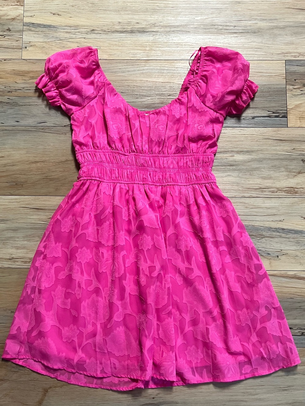Size M - Hot Pink - Fit & Flare - See through puff sleeve - Smocked Waist Dress
